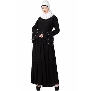 Premium Quality Creep Fabric 3 Layer Pearl/Bead Bell Sleeves and Belt Pentax/Plated A-line Abaya with Hijab Black Colour 2