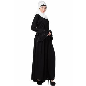 Premium Quality Creep Fabric 3 Layer Pearl/Bead Bell Sleeves and Belt Pentax/Plated A-line Abaya with Hijab Black Colour 3