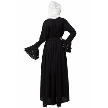 Premium Quality Creep Fabric 3 Layer Pearl/Bead Bell Sleeves and Belt Pentax/Plated A-line Abaya with Hijab Black Colour 4