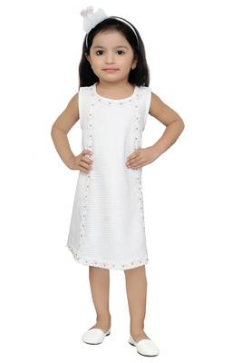 A Line White Dress With Flower Lace Bit Work 100% Polyester 1