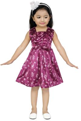 ADITA Girl's Magenta Velvet Polyester with All-Over-Print Frock Dress 1