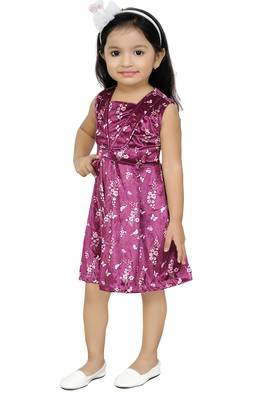 ADITA Girl's Magenta Velvet Polyester with All-Over-Print Frock Dress 2