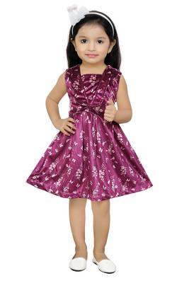 ADITA Girl's Magenta Velvet Polyester with All-Over-Print Frock Dress 4
