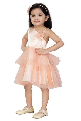 Aditi Girl's Peach Double Layer with Net Frill Design Frock 1