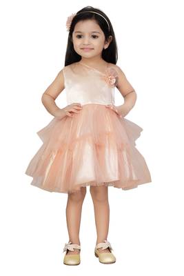 Aditi Girl's Peach Double Layer with Net Frill Design Frock 2