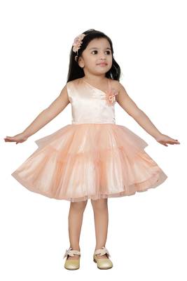 Aditi Girl's Peach Double Layer with Net Frill Design Frock 3