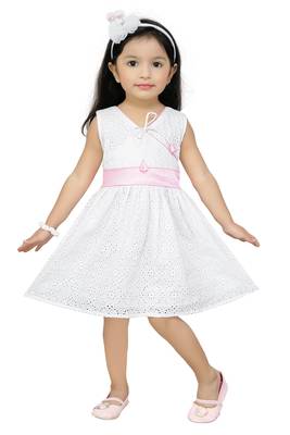 ADITA Girl's Cotton White Overlap Chikan Embroidery Lakhnavi Fabric Frock Dress 1