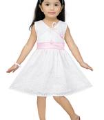 ADITA Girl's Cotton White Overlap Chikan Embroidery Lakhnavi Fabric Frock Dress