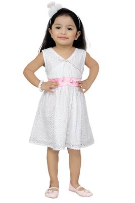 ADITA Girl's Cotton White Overlap Chikan Embroidery Lakhnavi Fabric Frock Dress 2