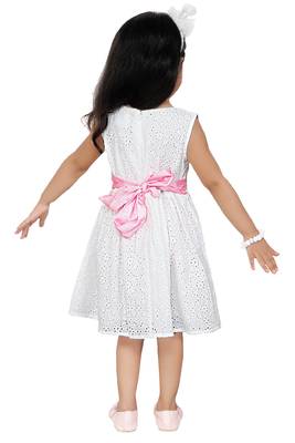 ADITA Girl's Cotton White Overlap Chikan Embroidery Lakhnavi Fabric Frock Dress 3