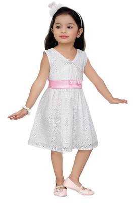 ADITA Girl's Cotton White Overlap Chikan Embroidery Lakhnavi Fabric Frock Dress 4
