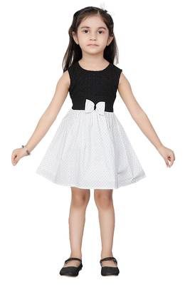ADITA Girl's Cotton Black Chikan Embroidery with White Dot Printed Frock Dress 1