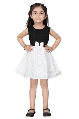 ADITA Girl's Cotton Black Chikan Embroidery with White Dot Printed Frock Dress 2