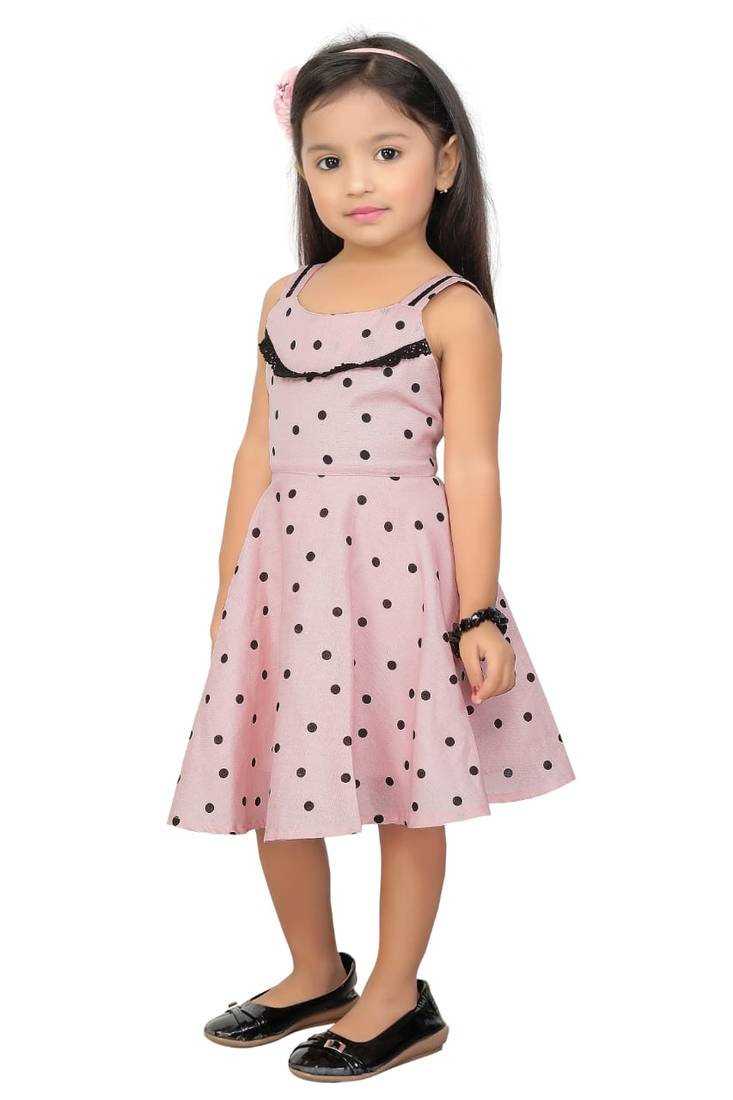 ADITA Girl's Cotton Pink & Black Dot Printed Dress