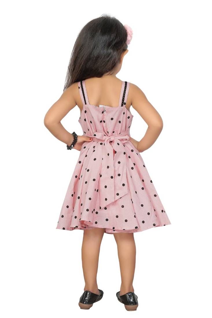 ADITA Girl's Cotton Pink & Black Dot Printed Dress