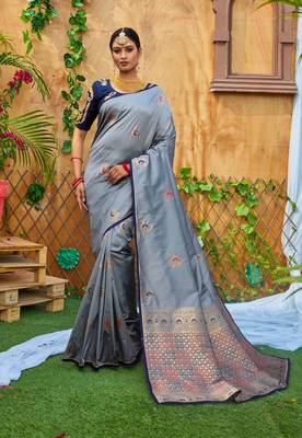 Grey printed silk saree with blouse 1