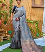 Grey printed silk saree with blouse