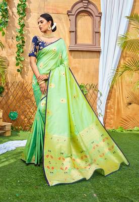 Green printed silk saree with blouse 1