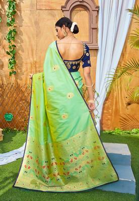Green printed silk saree with blouse 2