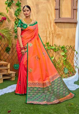 Orange printed silk saree with blouse 1