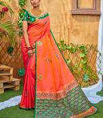 Orange printed silk saree with blouse