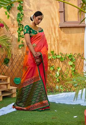 Orange printed silk saree with blouse 2
