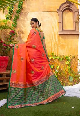 Orange printed silk saree with blouse 3