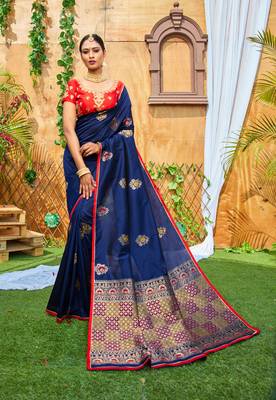 Navy blue printed silk saree with blouse 1