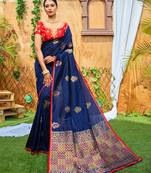 Navy blue printed silk saree with blouse