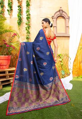 Navy blue printed silk saree with blouse 2