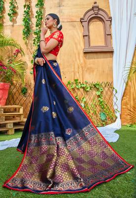 Navy blue printed silk saree with blouse 3