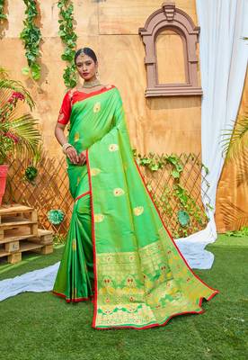 Dark green printed silk saree with blouse 1