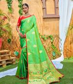 Dark green printed silk saree with blouse