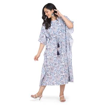 Shaily White & Blue Colour Cotton Printed Kuftan 3