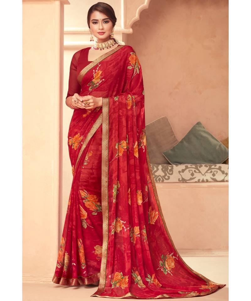 Maroon Floral Print Chiffon sarees