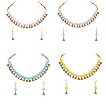Antique Gold Plated Multicolored Moti Necklace With Earrings Jewellery Combo Sets 1