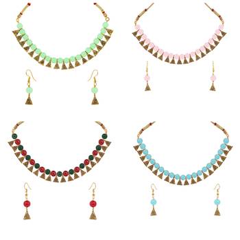 Antique Gold Plated Multicolored Moti Necklace With Earrings Jewellery Combo Sets 1