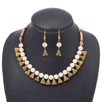 Gold Plated Antique White Moti Necklace With Earrings Jewellery Set 1
