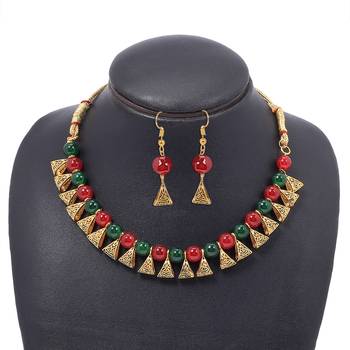 Gold Plated Antique Maroon & Green Moti Necklace With Earrings Jewellery Set 1