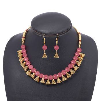 Gold Plated Antique Peach Moti Necklace With Earrings Jewellery Set 1