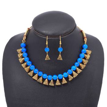 Gold Plated Antique Royal Blue Moti Necklace With Earrings Jewellery Set 1