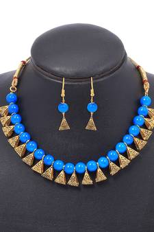 Gold Plated Antique Royal Blue Moti Necklace With Earrings Jewellery Set