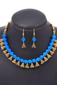 Gold Plated Antique Royal Blue Moti Necklace With Earrings Jewellery Set