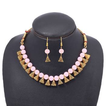 Gold Plated Antique Pink Moti Necklace With Earrings Jewellery Set 1
