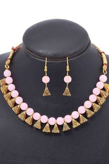 Gold Plated Antique Pink Moti Necklace With Earrings Jewellery Set