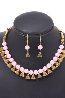 Gold Plated Antique Pink Moti Necklace With Earrings Jewellery Set