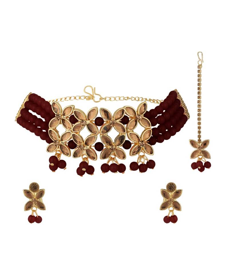 Traditional Maroon Pearl Kundan Choker With Earring Maangtika