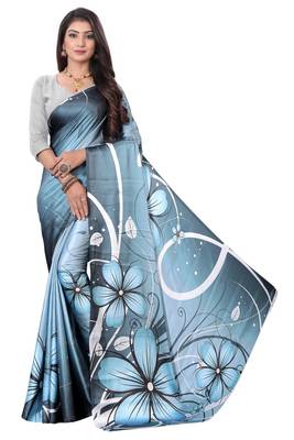 Blue printed satin saree with blouse 2
