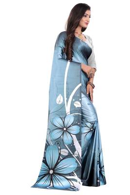 Blue printed satin saree with blouse 3