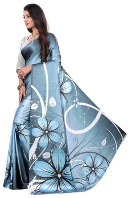 Blue printed satin saree with blouse 4